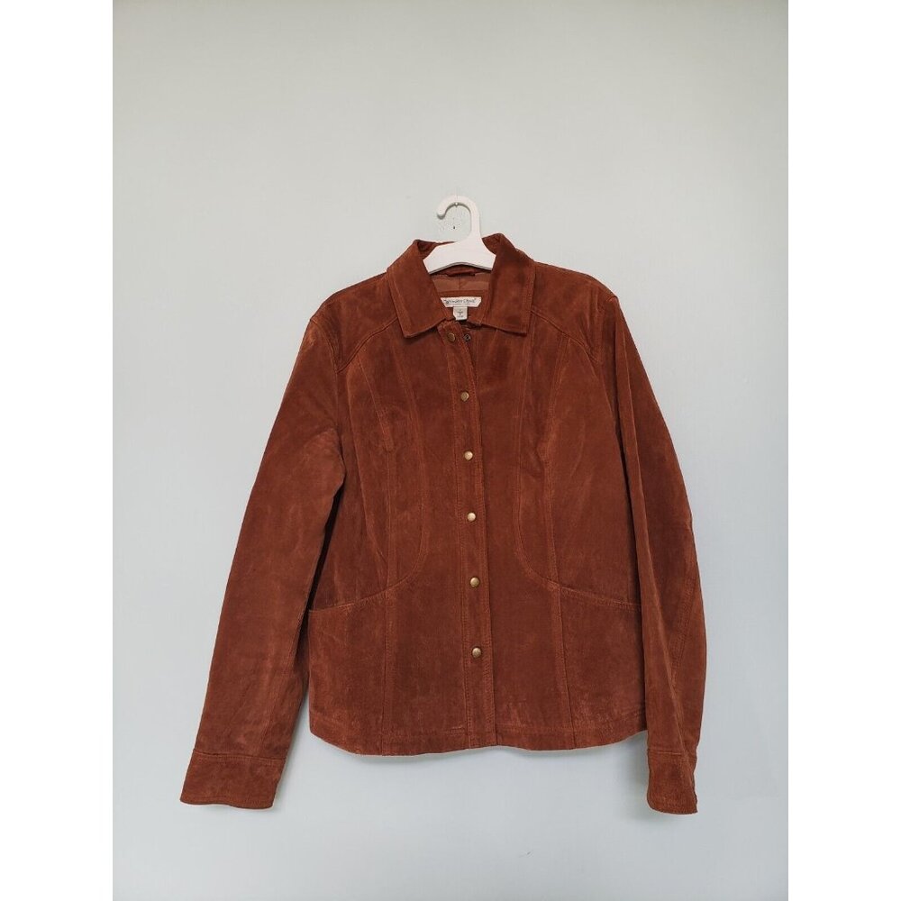 Coldwater Creek Womens L Suede 100% Leather Jacket Brown Snap Front Fall Winter